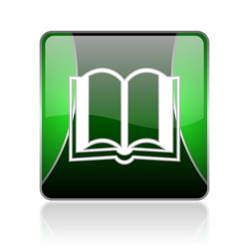 black and green square glossy internet icon on white background with reflaction