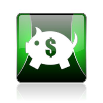 black and green square glossy internet icon on white background with reflaction