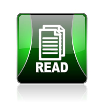 black and green square glossy internet icon on white background with reflaction