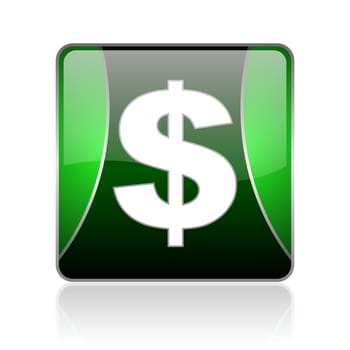 black and green square glossy internet icon on white background with reflaction