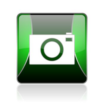black and green square glossy internet icon on white background with reflaction