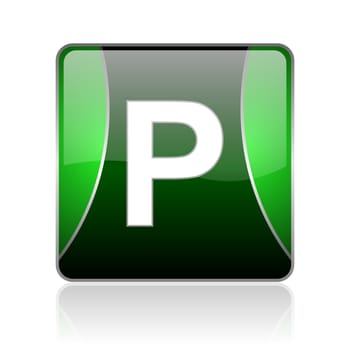 black and green square glossy internet icon on white background with reflaction