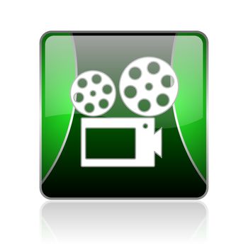 black and green square glossy internet icon on white background with reflaction