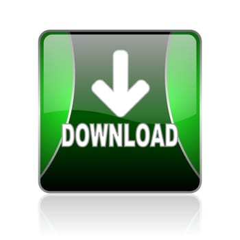 black and green square glossy internet icon on white background with reflaction