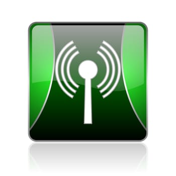 black and green square glossy internet icon on white background with reflaction