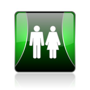 black and green square glossy internet icon on white background with reflaction