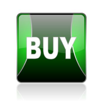 black and green square glossy internet icon on white background with reflaction