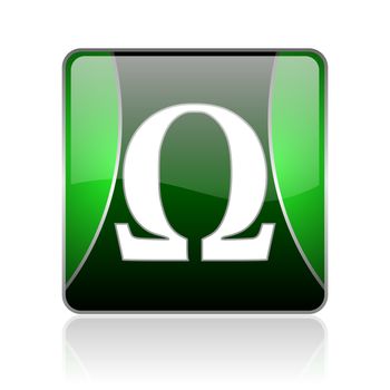 black and green square glossy internet icon on white background with reflaction