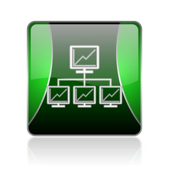 black and green square glossy internet icon on white background with reflaction