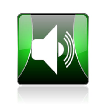 black and green square glossy internet icon on white background with reflaction