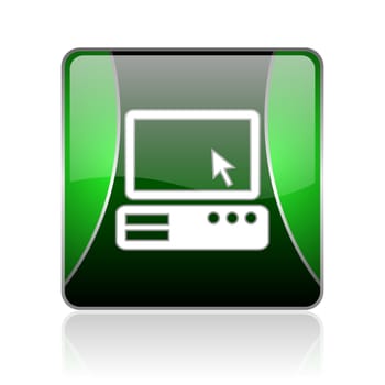 black and green square glossy internet icon on white background with reflaction