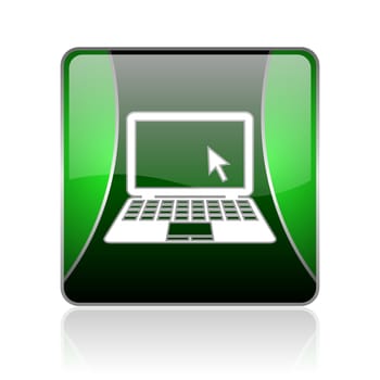black and green square glossy internet icon on white background with reflaction
