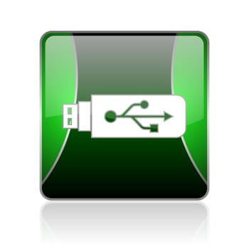 black and green square glossy internet icon on white background with reflaction