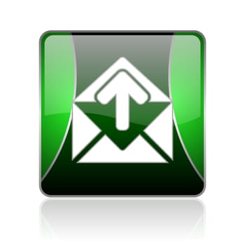 black and green square glossy internet icon on white background with reflaction