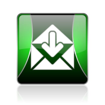 black and green square glossy internet icon on white background with reflaction