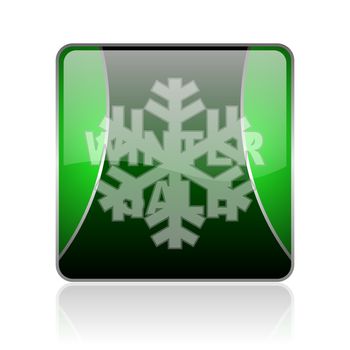 black and green square glossy internet icon on white background with reflaction