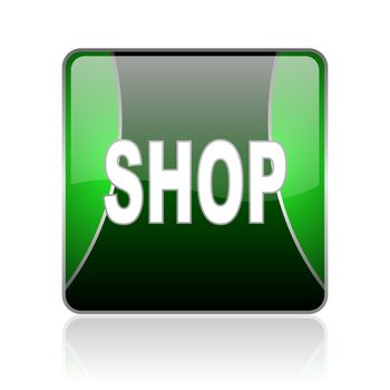 black and green square glossy internet icon on white background with reflaction