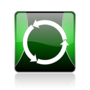 black and green square glossy internet icon on white background with reflaction
