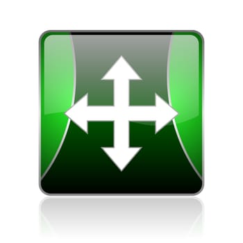 black and green square glossy internet icon on white background with reflaction