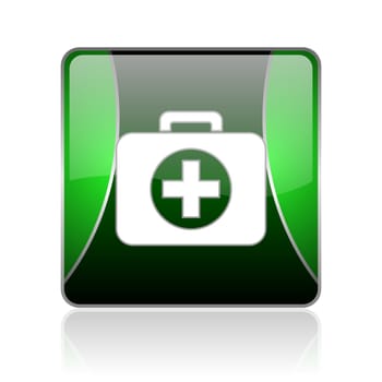 black and green square glossy internet icon on white background with reflaction