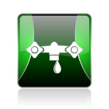 black and green square glossy internet icon on white background with reflaction