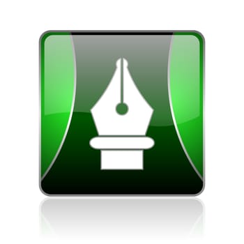 black and green square glossy internet icon on white background with reflaction