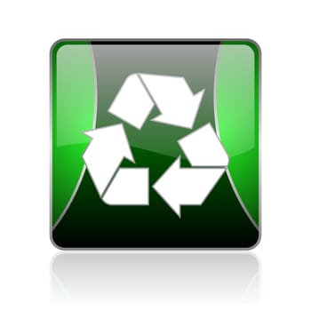 black and green square glossy internet icon on white background with reflaction