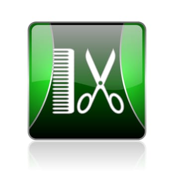 black and green square glossy internet icon on white background with reflaction