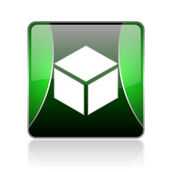 black and green square glossy internet icon on white background with reflaction