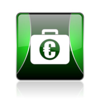 black and green square glossy internet icon on white background with reflaction