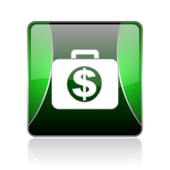 black and green square glossy internet icon on white background with reflaction