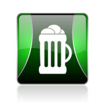 black and green square glossy internet icon on white background with reflaction