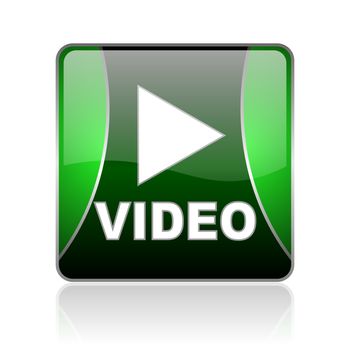 black and green square glossy internet icon on white background with reflaction