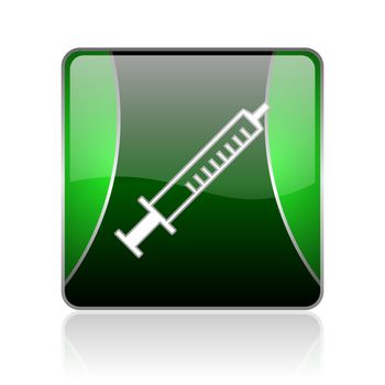black and green square glossy internet icon on white background with reflaction