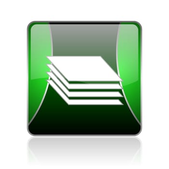 black and green square glossy internet icon on white background with reflaction