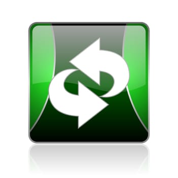 black and green square glossy internet icon on white background with reflaction