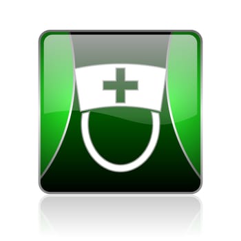 black and green square glossy internet icon on white background with reflaction