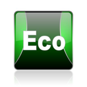 black and green square glossy internet icon on white background with reflaction
