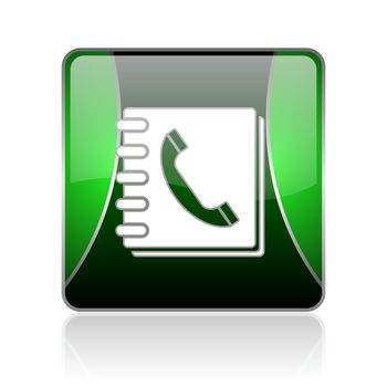 black and green square glossy internet icon on white background with reflaction