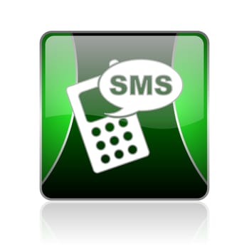 black and green square glossy internet icon on white background with reflaction