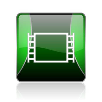 black and green square glossy internet icon on white background with reflaction