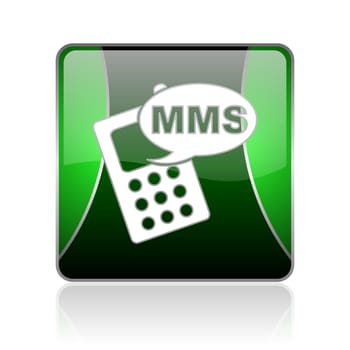 black and green square glossy internet icon on white background with reflaction