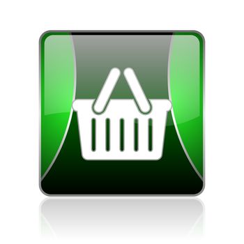 black and green square glossy internet icon on white background with reflaction