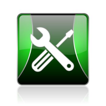 black and green square glossy internet icon on white background with reflaction