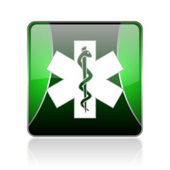 black and green square glossy internet icon on white background with reflaction