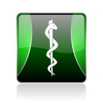 black and green square glossy internet icon on white background with reflaction