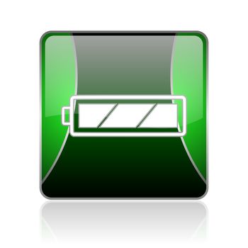 black and green square glossy internet icon on white background with reflaction