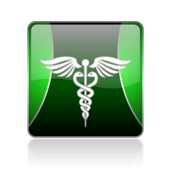 black and green square glossy internet icon on white background with reflaction