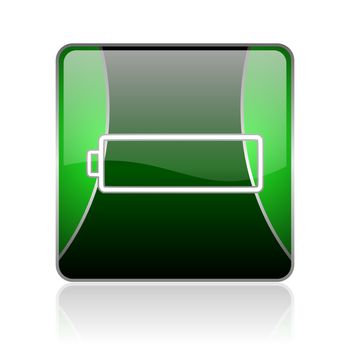 black and green square glossy internet icon on white background with reflaction