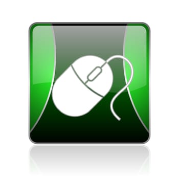 black and green square glossy internet icon on white background with reflaction